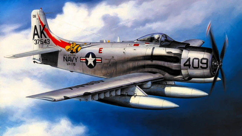 war, Douglas A-1 Skyraider, attacker, airplane, painting, 1080P, art, bomber, aviation