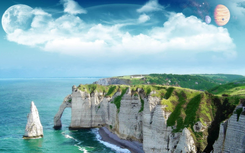 sea, no people, horizon, water, non-urban scene, photo manipulation, mountain, tranquility, island, horizon over water, nature, tranquil scene, cloud - sky