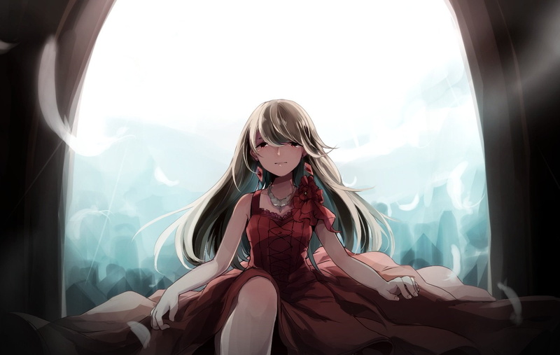 maika, dress, 720P, gray, vocaloid, feathers, chizuru, red, hair, eyes, (ambient), long