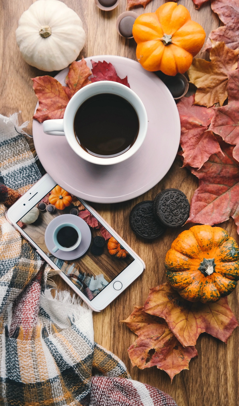 coffee, 5K, phone, leaves, pumpkin