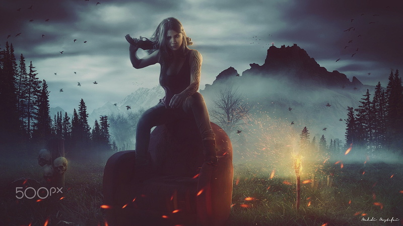 digital composite, leisure activity, plant, sky, outdoors, fantasy girl, tree, sunset, 1080P, women, field, one person, digital art, young women, 500px