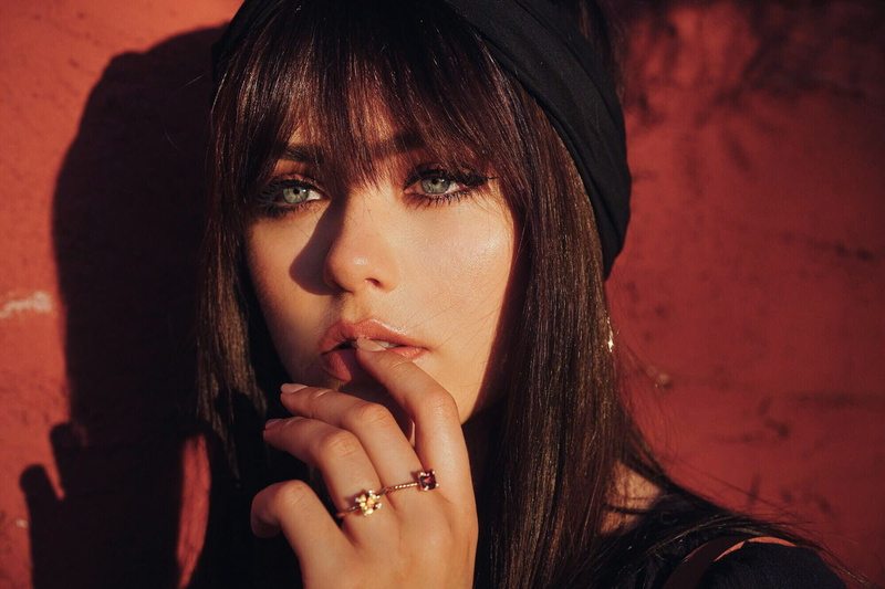 makeup, Kristina Bazan, long hair, blue eyes, Swedish, women, hands, rings, shadow, headband, face, 1080P, model, portrait, finger on lips, bangs, brunette