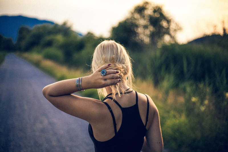 hair, person, photoshoot, nature, women, nail polish, close-up, sky, ring, portrait, path, fashion, adult, focus on foreground, lady, waist up, depth of field