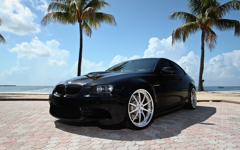 bmw, roads, strasse, stance, sky, chrome, aluminum, palm, forged, 1080P, cars, tuning, black, ocean, trees, wheels, 2011, sea, clouds, vehicles