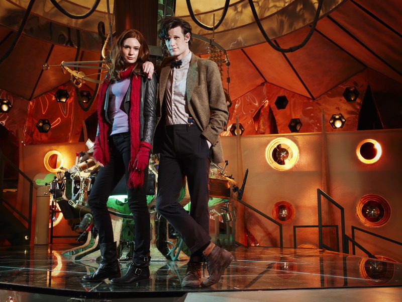 young adult, couple - relationship, smiling, brown, Karen Gillan, Matt Smith, women, standing, people, two people, men, positive emotion, console, Doctor Who