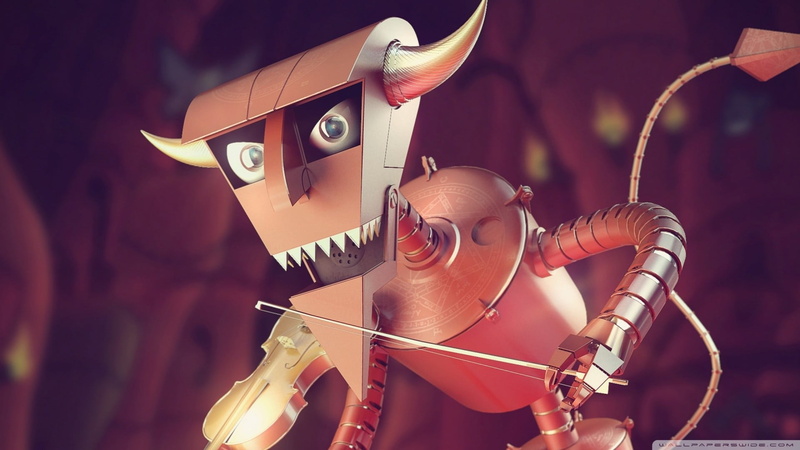 art and craft, technology, indoors, toy, 1080P, Robot Devil, cyborg, representation, night, focus on foreground, human representation, studio shot, metal