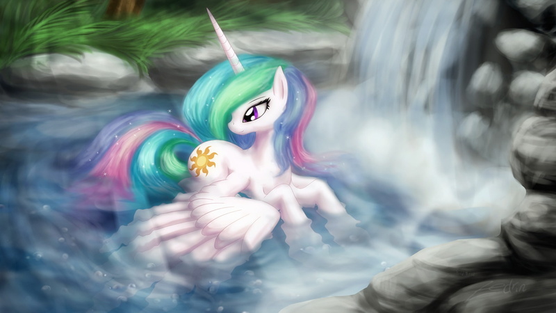 waterfall, 1080P, cartoon, water, wings, art, pony, Princess, My Little Pony, Celestia, bathing