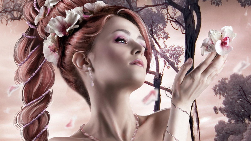 holding, haired, orchid, flower, woman, floral, illustration, 1920x1080, flowers, brown, digital art, 1080P
