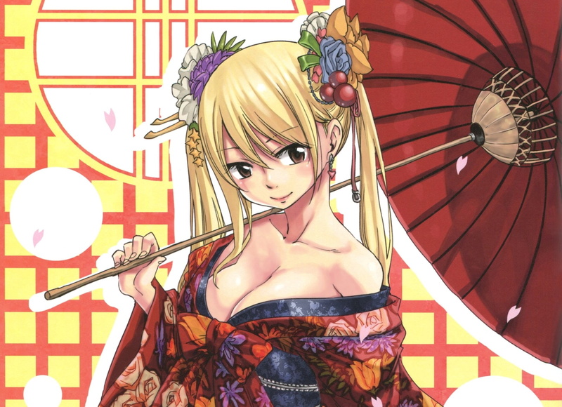 1080P, Lucy Heartfilia, bow (Clothing), Brown Eyes, Umbrella, Kimono, Girl, Anime, Smile, Fairy Tail, Blonde, Flower, Earrings