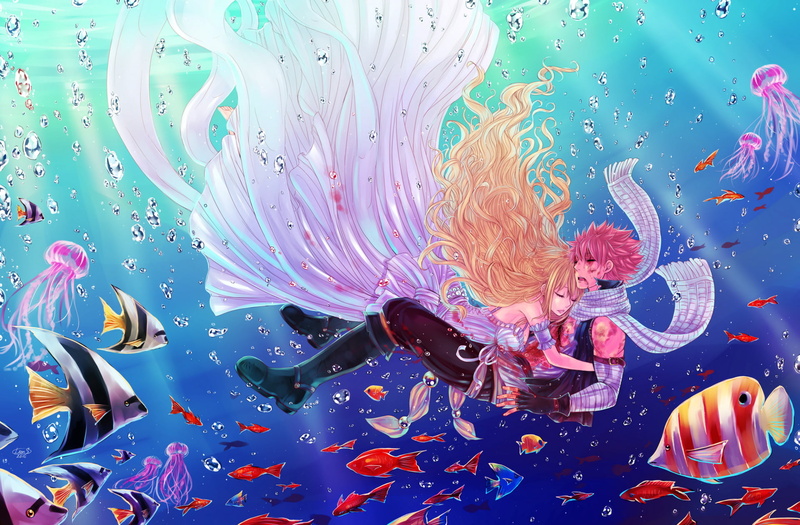 group of animals, animals in the wild, nature, multi colored, water, NaLu (Fairy Tail), abstract, fish, marine, sea life, Natsu Dragneel, blue, indoors