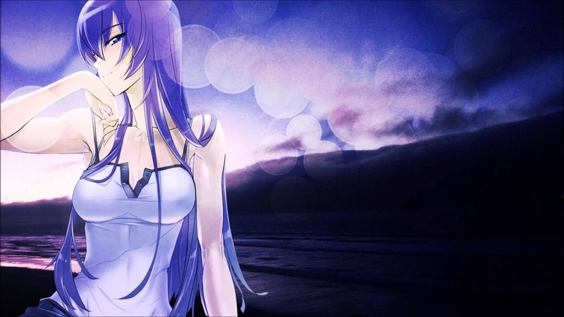 blue eyes, 1080P, long hair, Busujima Saeko, smiling, anime, anime girls, purple hair, Highschool of the Dead