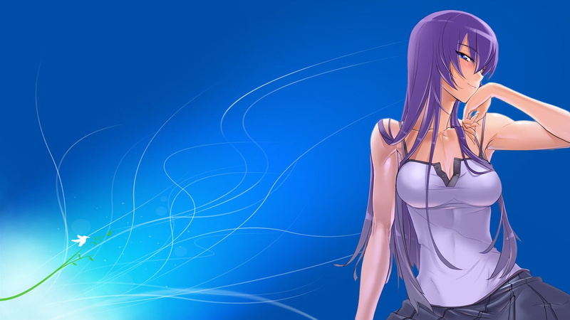 cleavage, Busujima Saeko, blue background, 1080P, anime, Highschool of the Dead, anime girls, purple hair