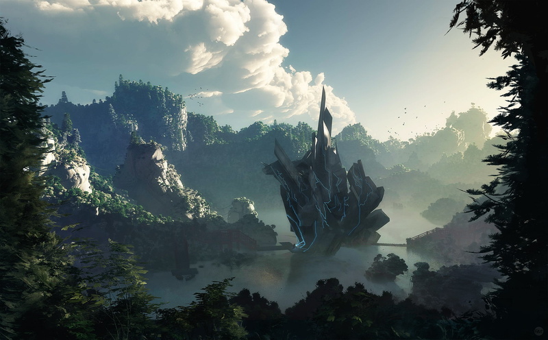 clouds, 1080P, digital art, nature, landscape, mountains, artwork, forest, rock formation, Finnian MacManus, fantasy art