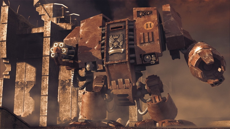 technology, brown, no people, metal, damaged, outdoors, focus on foreground, 40k, still life, robot, Warhammer, Blood Ravens, sunlight, architecture, close-up