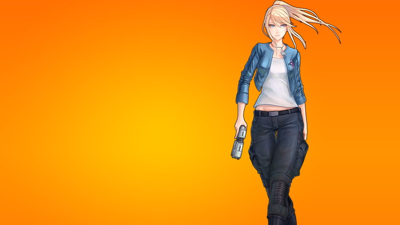 hairstyle, Metroid, front view, 1080P, adult, orange background, lifestyles, standing, Samus Aran, three quarter length, studio shot, beautiful woman