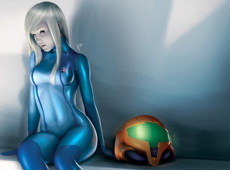 costume, art, metroid, sitting, 1080P, helmet, girl, zero suit samus