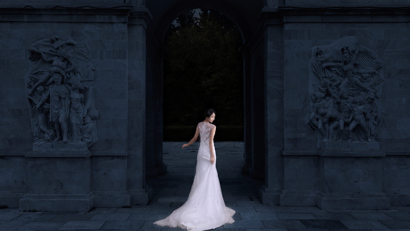 female, face, clothing, bride, young women, one person, full length, facing, wedding dress, woman, white, celebration, females, sleeveless, sideways, beautiful woman