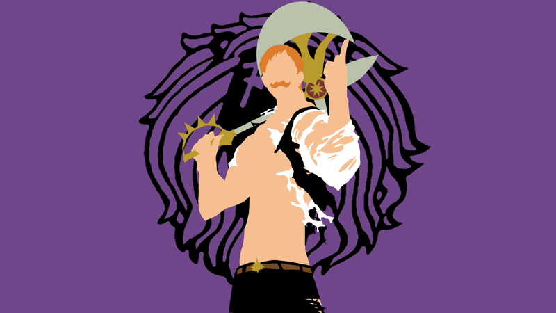 sky, colored background, indoors, Anime, food and drink, art and craft, purple background, low angle view, sword, holding, Escanor (The Seven Deadly Sins)