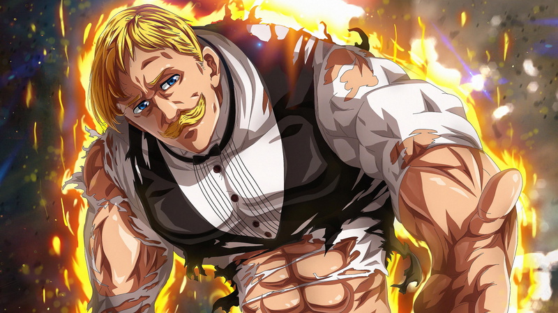 fire, Escanor, anime boys, anime, 4K, burning, anime men, Seven Deadly Sins, Nanatsu no Taizai, abs