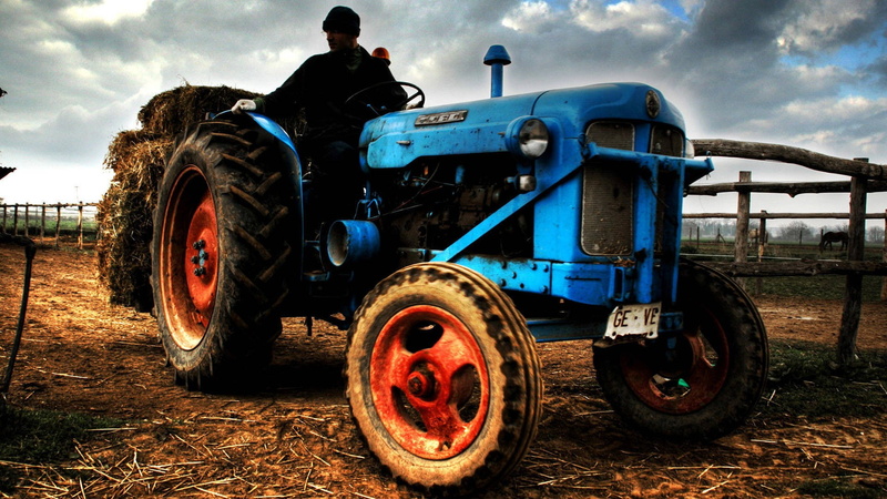 field, nature, sky, land vehicle, abandoned, agricultural equipment, stationary, landscape, outdoors, day, wheel, agricultural machinery, tractors, travel