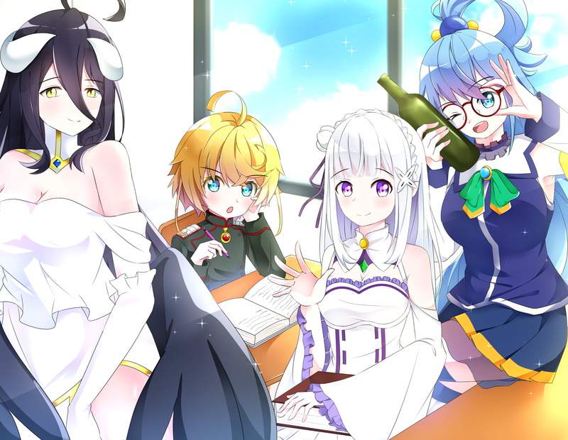KonoSuba, Anime, Albedo (Overlord), Isekai Quartet, Emilia (Re:ZERO), Re:ZERO -Starting Life in Another World-, Youjo Senki, 4K, Crossover