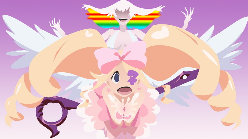animal body part, domestic animals, animal wing, Kill la Kill, anime girls, communication, multi colored, purple background, sky, Harime Nui, vertebrate