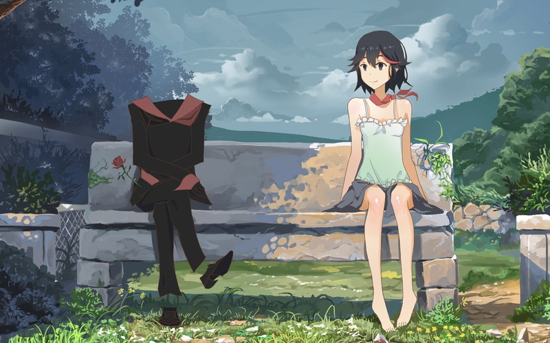 anime girls, one person, casual clothing, outdoors, day, lifestyles, women, sunlight, Kill la Kill, Senketsu, sitting, real people, young adult, nature