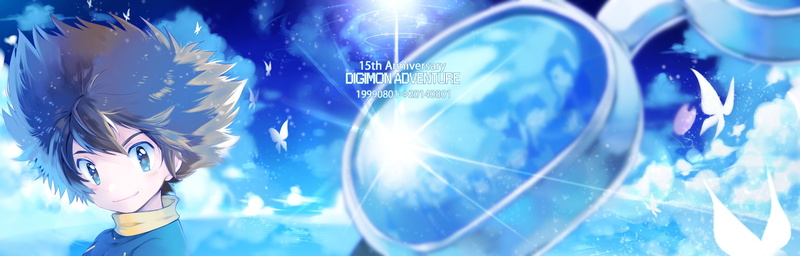 yagami, clouds, sky, butterfly, digimon, dualscreen, nijuu, goggles, taichi, male, miyukiyo, 2K