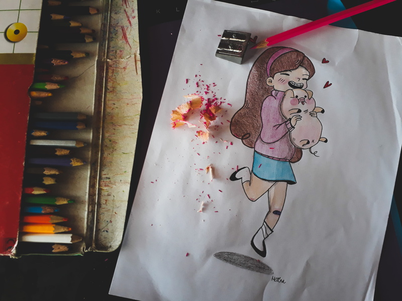 one person, 4K, creativity, colorful, pink color, draw, close-up, directly above, table, pig, holding, art and craft, still life, drawing, pencil, cartoon