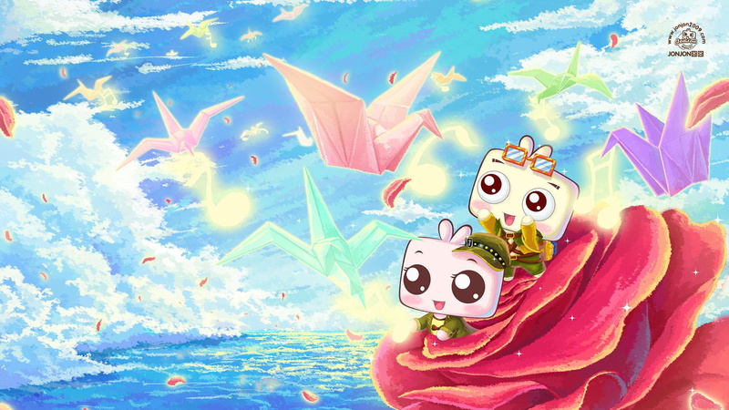 cartoon, onjon, graphic, cranes, flowers, cute cartoon, art, paper, fantasy, ??? onjon, paper cranes, 1080P, cartoons, cute