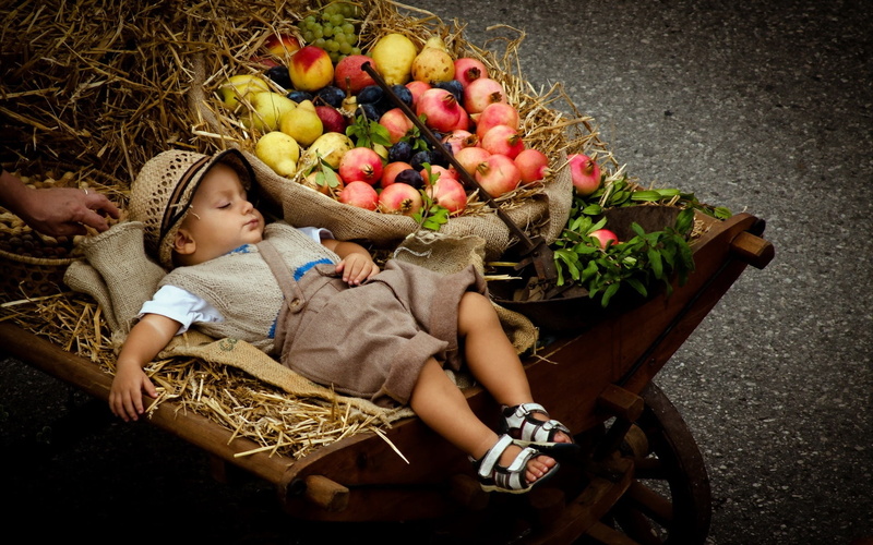 Fruits, top, s, Boy, Sleeping, wicker, pants, brown, white, Stroller, hat, baby, Cute, 1080P, sandals