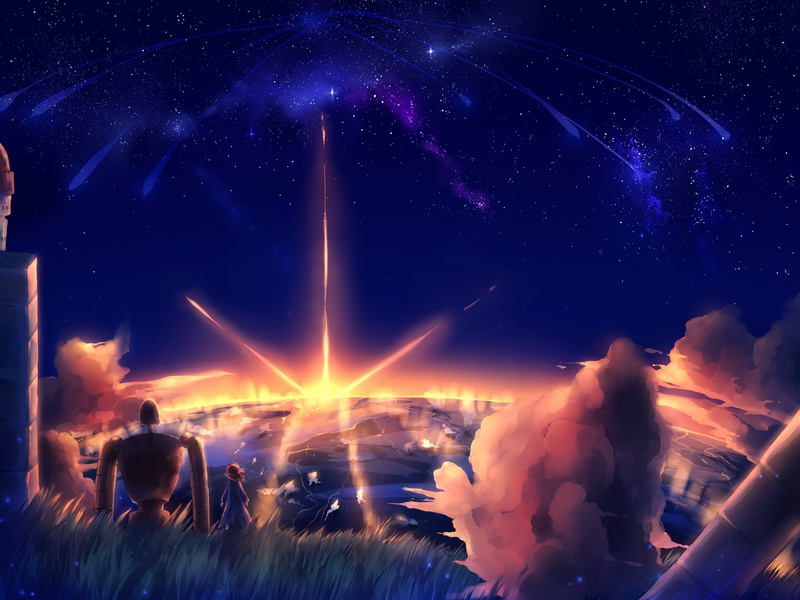 1080P, Anime, Robot, Girl, Movie, Sky, Sunset, Stars, Laputa: Castle in the Sky