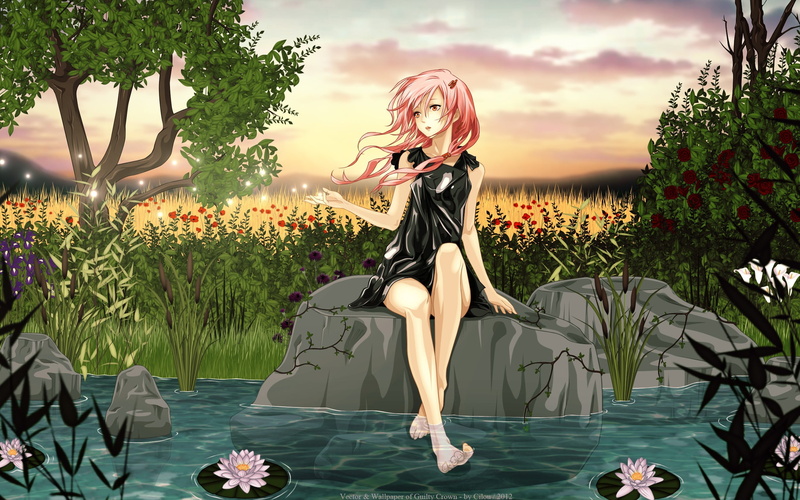 long hair, lifestyles, plant, pink, anime girls, women, flowers, beautiful woman, day, stone, one person, pink hair, front view, water, leisure activity