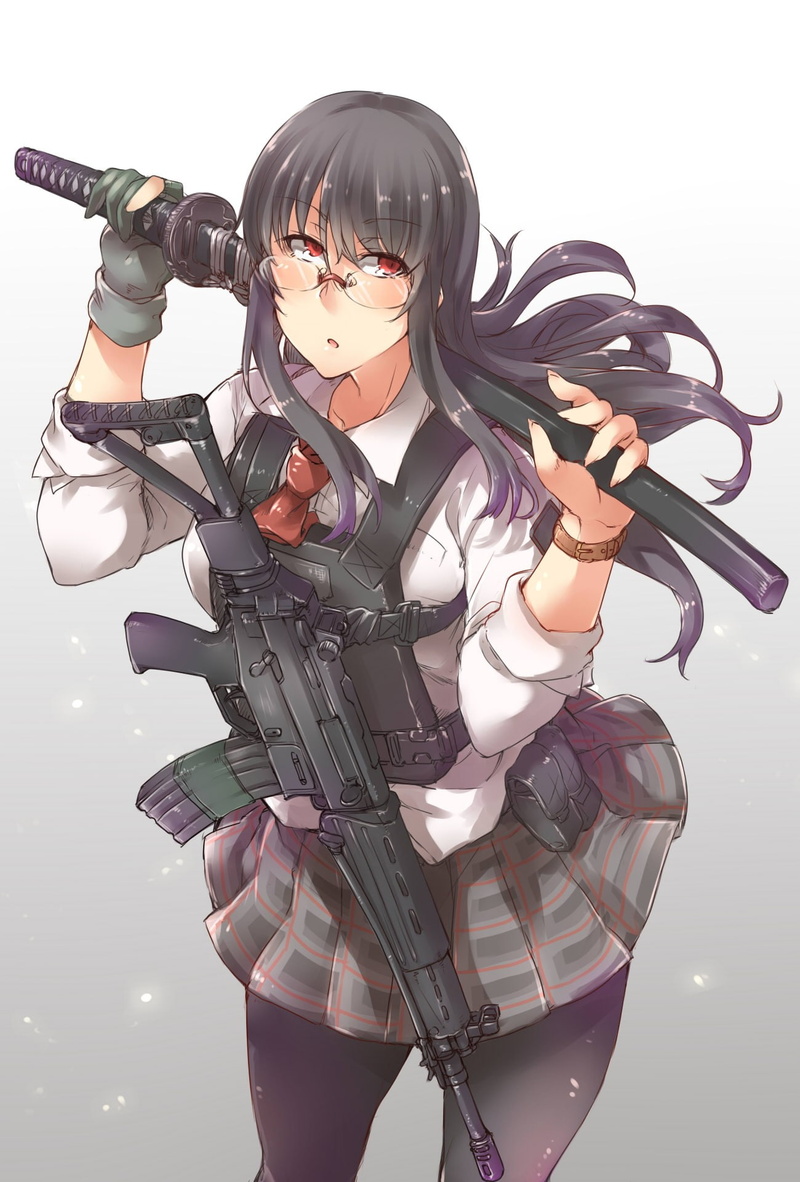 red eyes, 1080P, long hair, human body part, sword, child, sport, katana, cyborg, childhood, adolescence, looking at camera, one person, weapon, nature