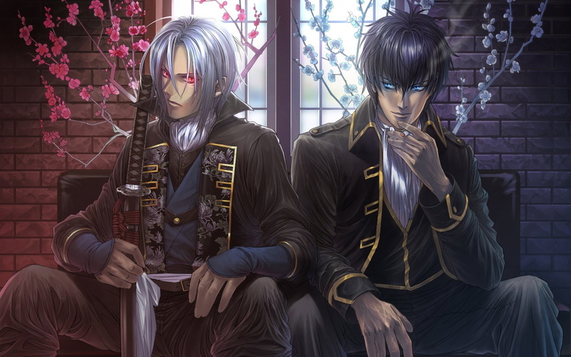 red, short, cigarette, beautiful, hair, 720P, sit, pale, sword, demons, boys, smoke, window, flowers, katana, gintama, eyes, cherry