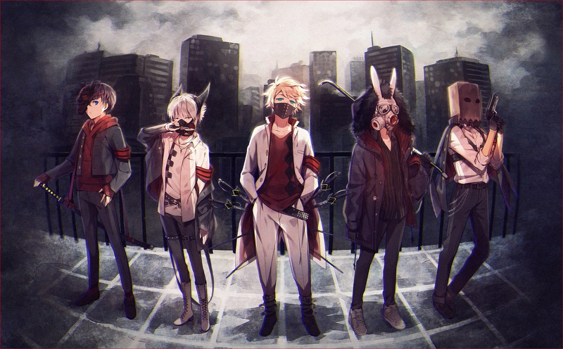 all, group, ears, male, short, katana, boots, original, blue, anime, weapon, gloves, gun, sword, bunny, blonde, animal, mask, hakusai, 1080P, eyes, hair