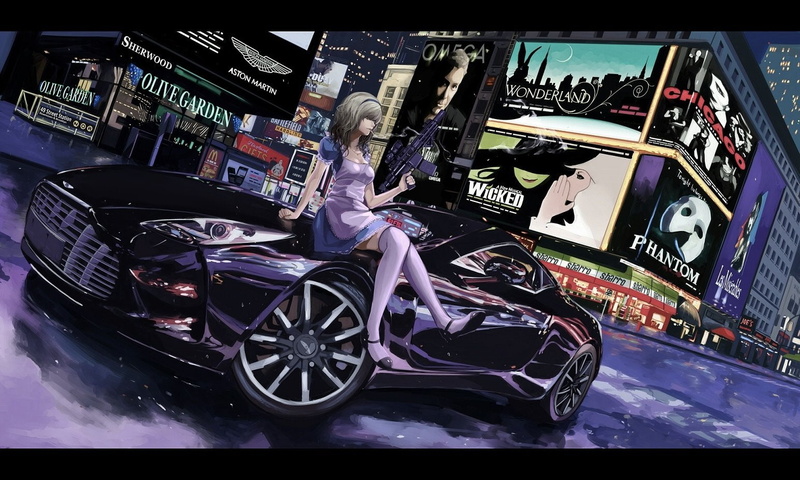 headband, terabyte, dress, cigarette, weapon, city, wonderland, smoking, alice, 720P, gun, thighhighs, rook777, car