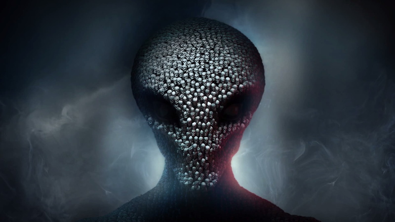 digital, mystery, robot, human body part, spooky, horror, fear, Xcom 2, Firaxis, 2K Games, close-up, studio shot, adult, black background, skull