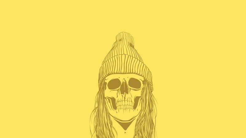 creativity, fear, skull, illustration, spooky, minimalism, 1080P, yellow background, horror, copy space, bone, colored background, hat, indoors, human skeleton