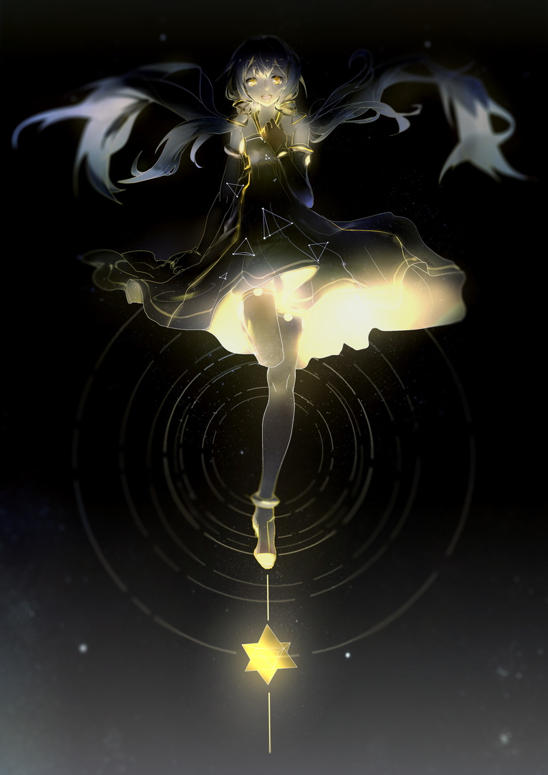 boots, open mouth, black dress, long hair, stars, 2K, bare shoulders, Vocaloid, triangle, Stardust (Vocaloid), black background, hand on heart, circle