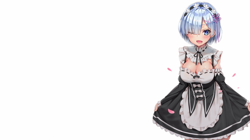 anime, blue hair, fan art, blushing, cleavage, blue eyes, 2D, anime girls, Rem (Re: Zero), digital art, white background, illustration, bangs, artwork
