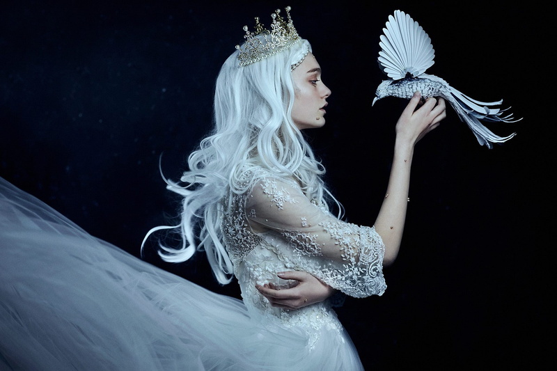 1080P, crown, style, hands, Bella Kotak, bird, girl, Princess, the dark background, blue hair, mood, dress