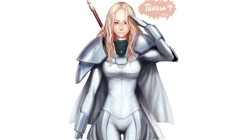 hair, claymore, sword, teresa, blonde, weapon, armor, 2K, cape