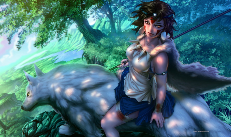 Studio Ghibli, wolf, 1080P, anime girls, forest, anime, Princess Mononoke, fantasy art