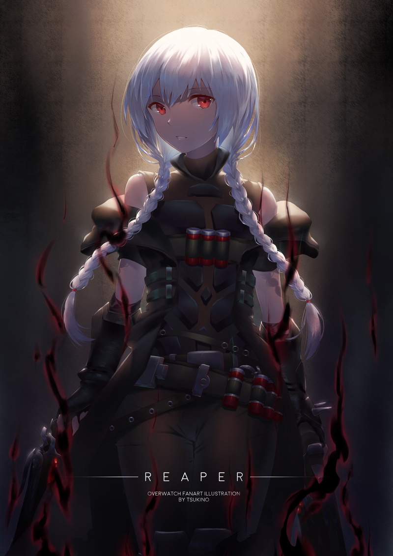 braid, gender bender, anime style, red eyes, 2K, overwatch, Anime, reaper, pistols