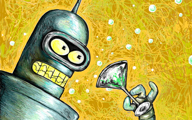 drawing, 2K, robot, futurama, glass, pattern, illustration, vector, backgrounds, wine, shiny, gray, yellow, bender, holding, computer Graphic, painting