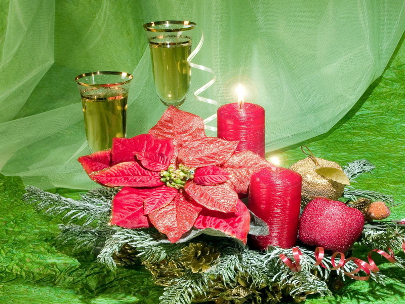 720P, champagne, fur-tree, fur, year, candles, apple, new, new year, red, ornaments, tree, christmas