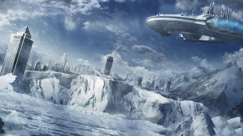 city, fantasy, ruins, winter, buildings, flying, photo, 1080P, mountain, ruin, capped, starship, snow, 1920x1080