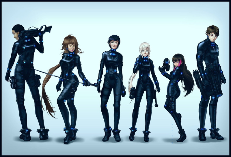 in a row, 720P, studio shot, full length, front view, black, s, standing, people, white, auto post production filter, Gantz, black color, young women
