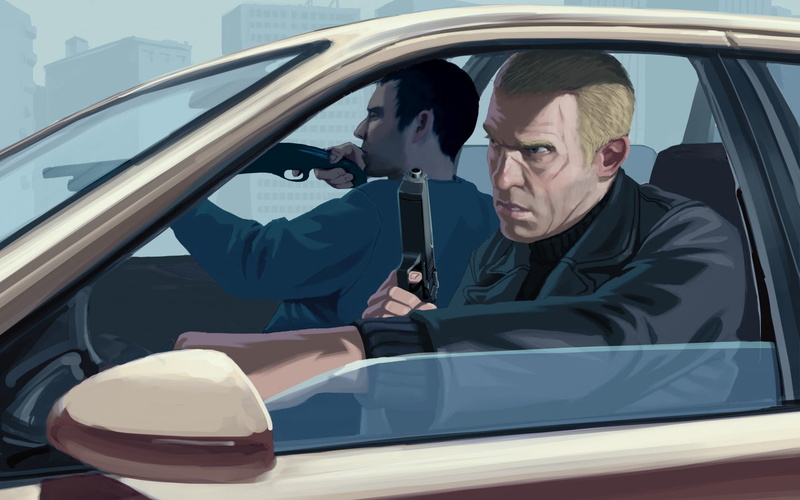 land vehicle, s, occupation, young adult, weapons, 720P, day, transportation, grand theft auto iv, illustration, black, sitting, motor vehicle, mode of transportation